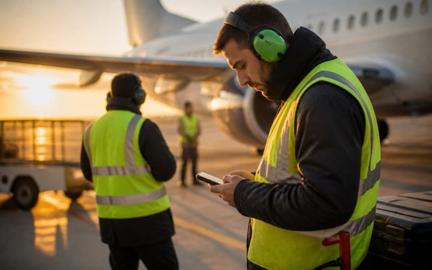 Airport ground crew in hi-vis jackets review a phone on the apron at sunset