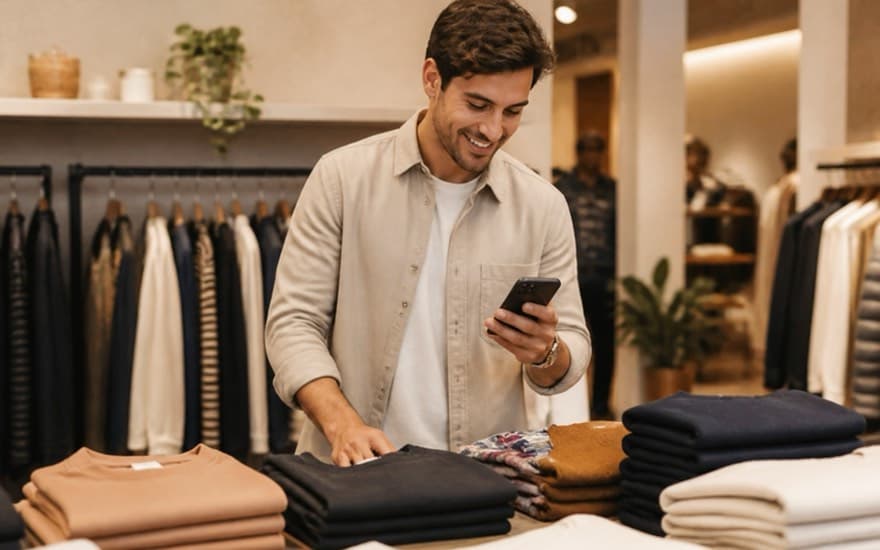 A store associate checks a phone while restocking the shop floor