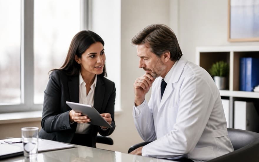 A pharma sales rep walks a physician through product data on a tablet